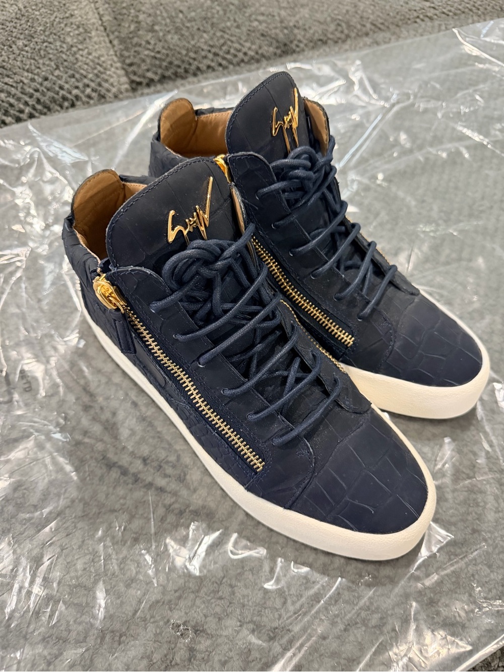 Giuseppe Zanotti Navy High-Top Sneakers with Gold Accents